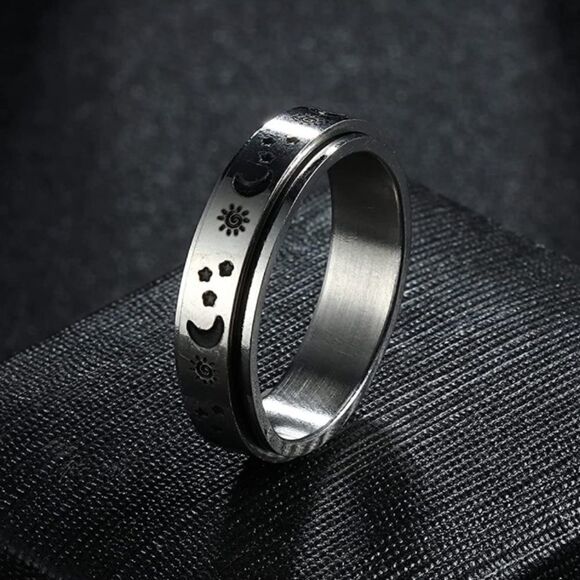 316L Stainless Silver Sun Moon & Stars Fidget Anxiety Stress Relieving Spin Ring - Picture 3 of 4